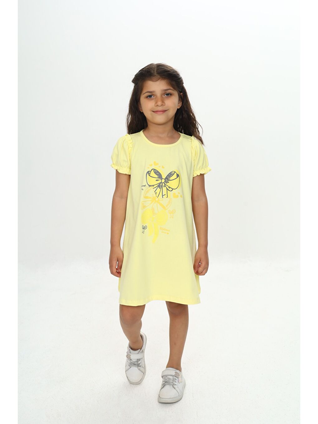 Sarı Kız Çocuk Fiyonk Baskılı Elbise-5