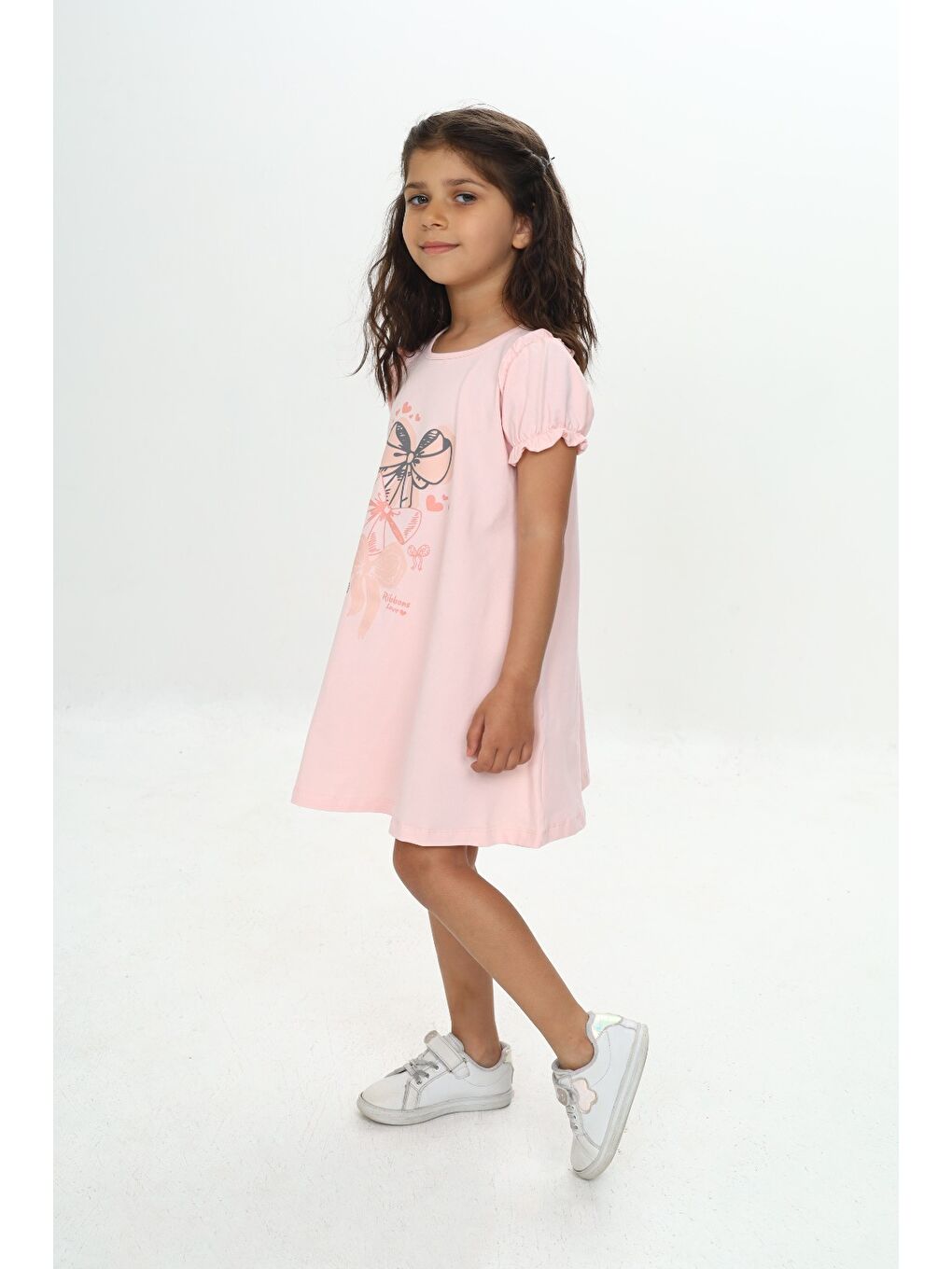Pembe Kız Çocuk Fiyonk Baskılı Elbise-4