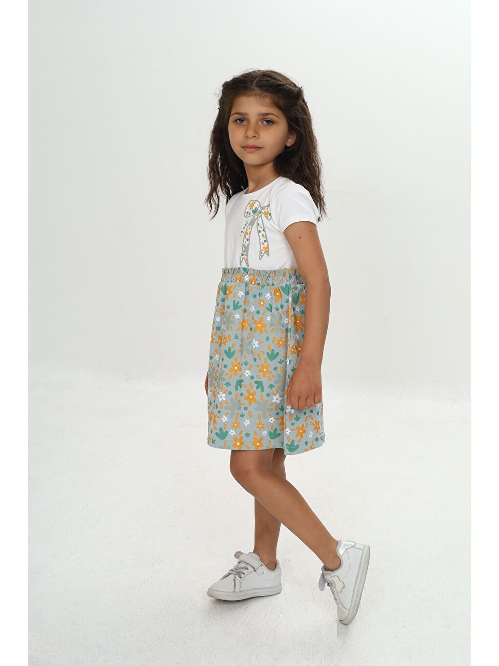 Yeşil Kız Çocuk Renkli Çiçek Baskılı Elbise-1