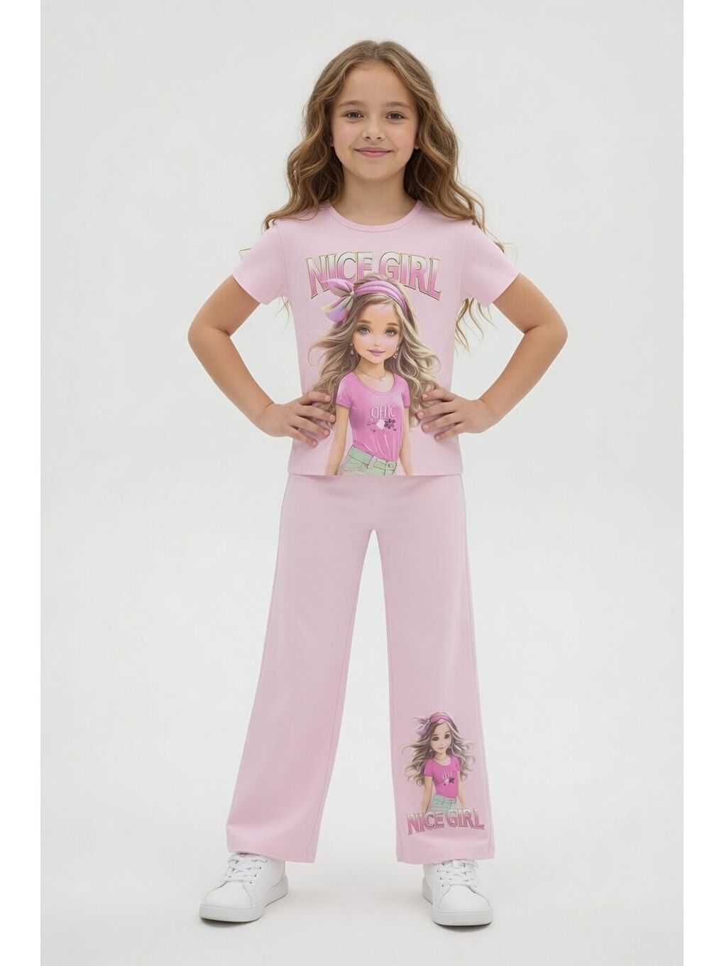 Pembe Pudra Kız Karakter Baskılı Geniş Paça Pantolonlu 2li Kız Çocuk Takım 23803-1