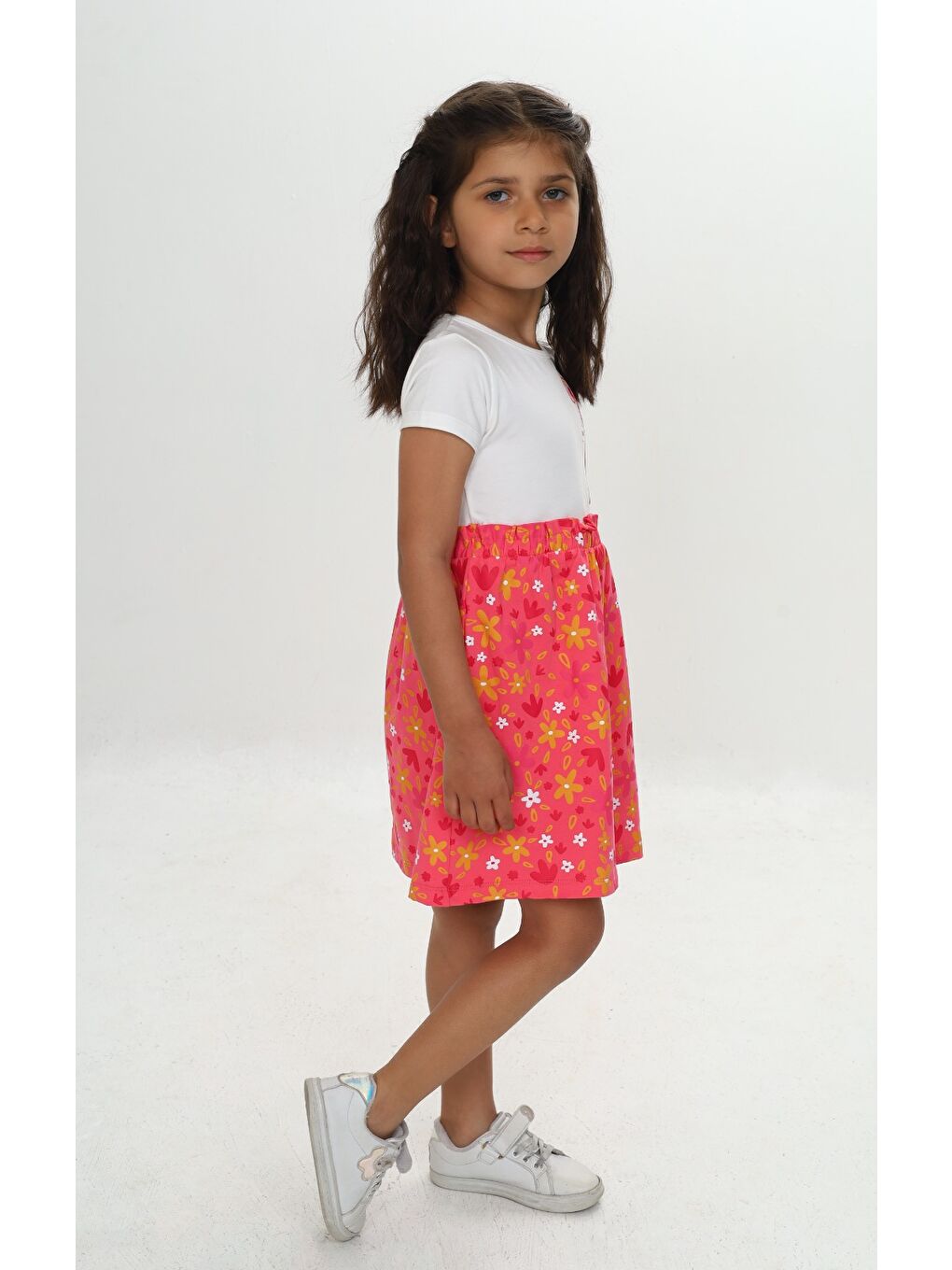 Pembe Kız Çocuk Renkli Çiçek Baskılı Elbise-1