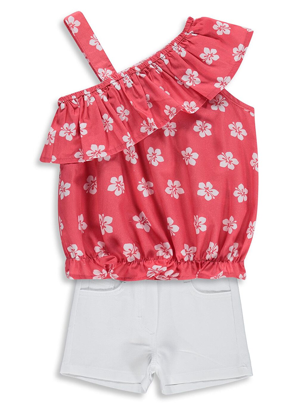 Girls Çiçek Desenli Volanlı 2-5 Yaş Takım - Kırmızı