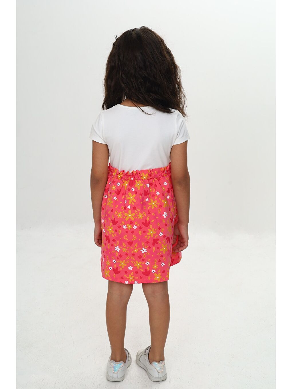 Pembe Kız Çocuk Renkli Çiçek Baskılı Elbise-2