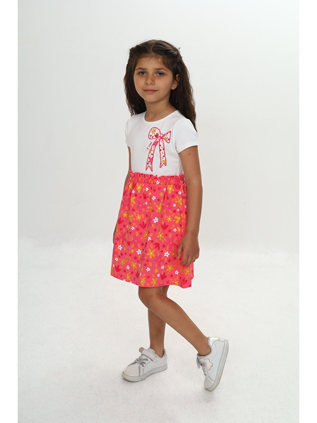 Pembe Kız Çocuk Renkli Çiçek Baskılı Elbise-3