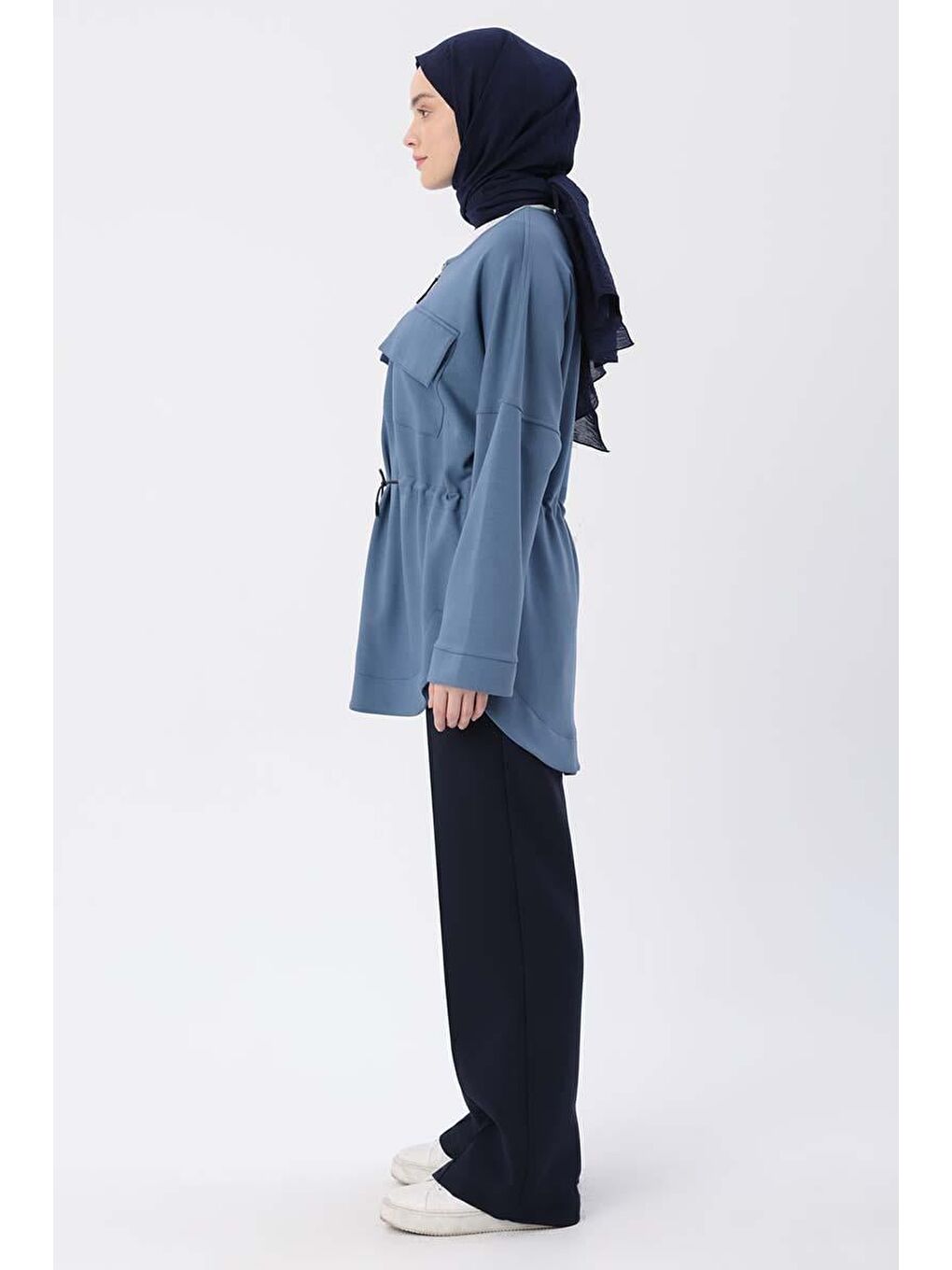 Mavi-Belden Büzgülü Cepli Ceket-1