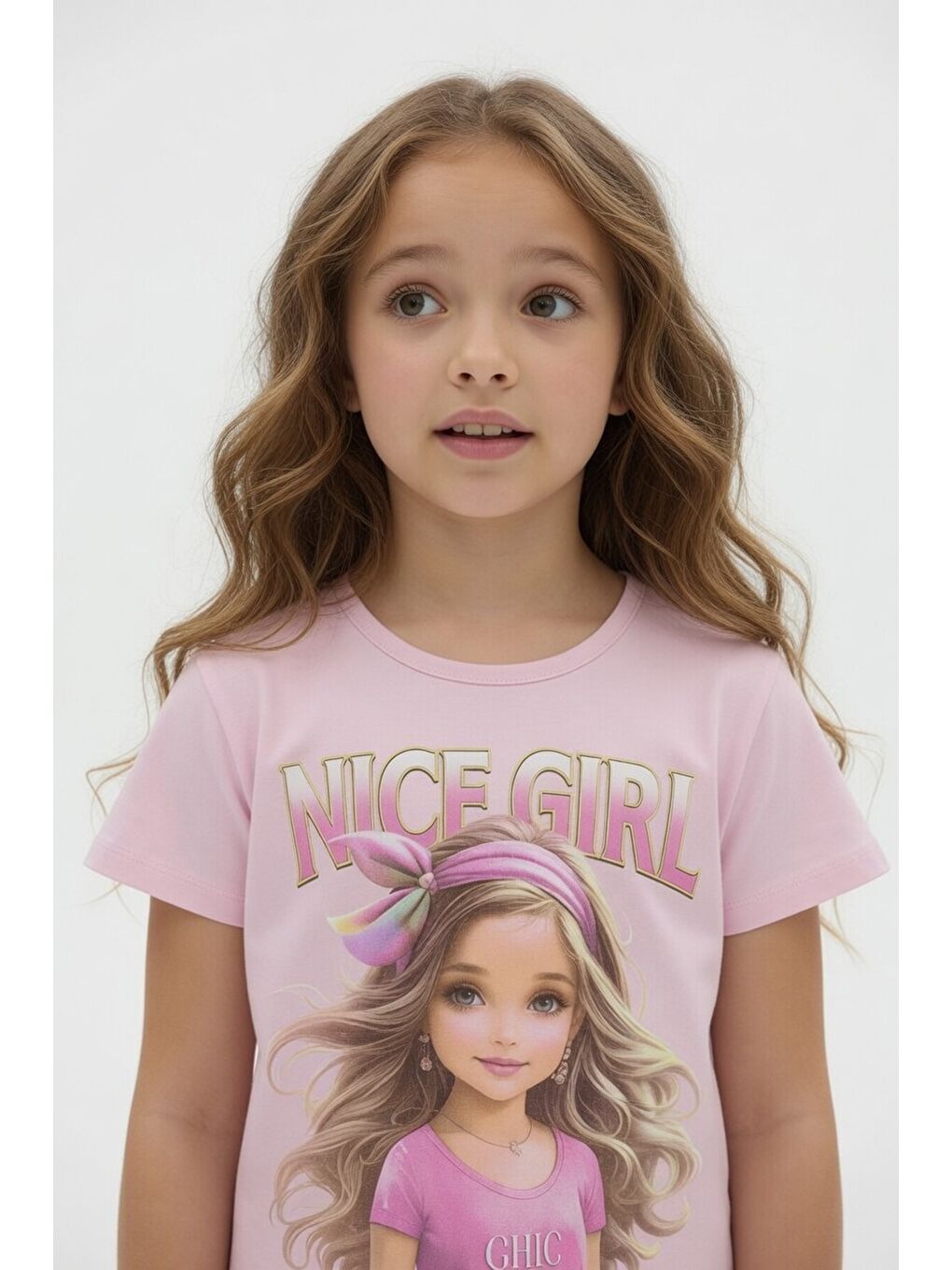 Pembe Pudra Kız Karakter Baskılı Geniş Paça Pantolonlu 2li Kız Çocuk Takım 23803-2