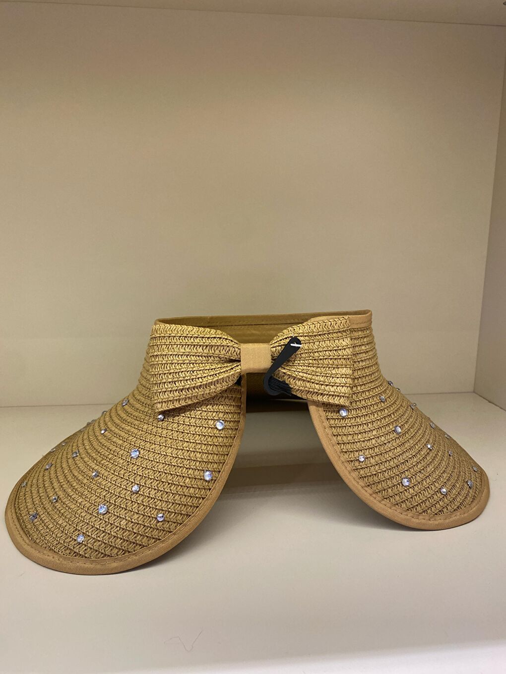 Kahverengi Camel Taş Süslemeli Geniş Siperli Hasır Şapka - Plaj ve Güneş İçin Koruma Aksesuarı HSR2091-1