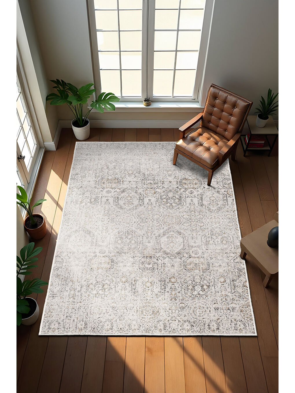 Bej Dekoratif Özel Tasarım Yıkanabilir İnce Kaymaz Tabanlı Modern Halı KECE FR16-2