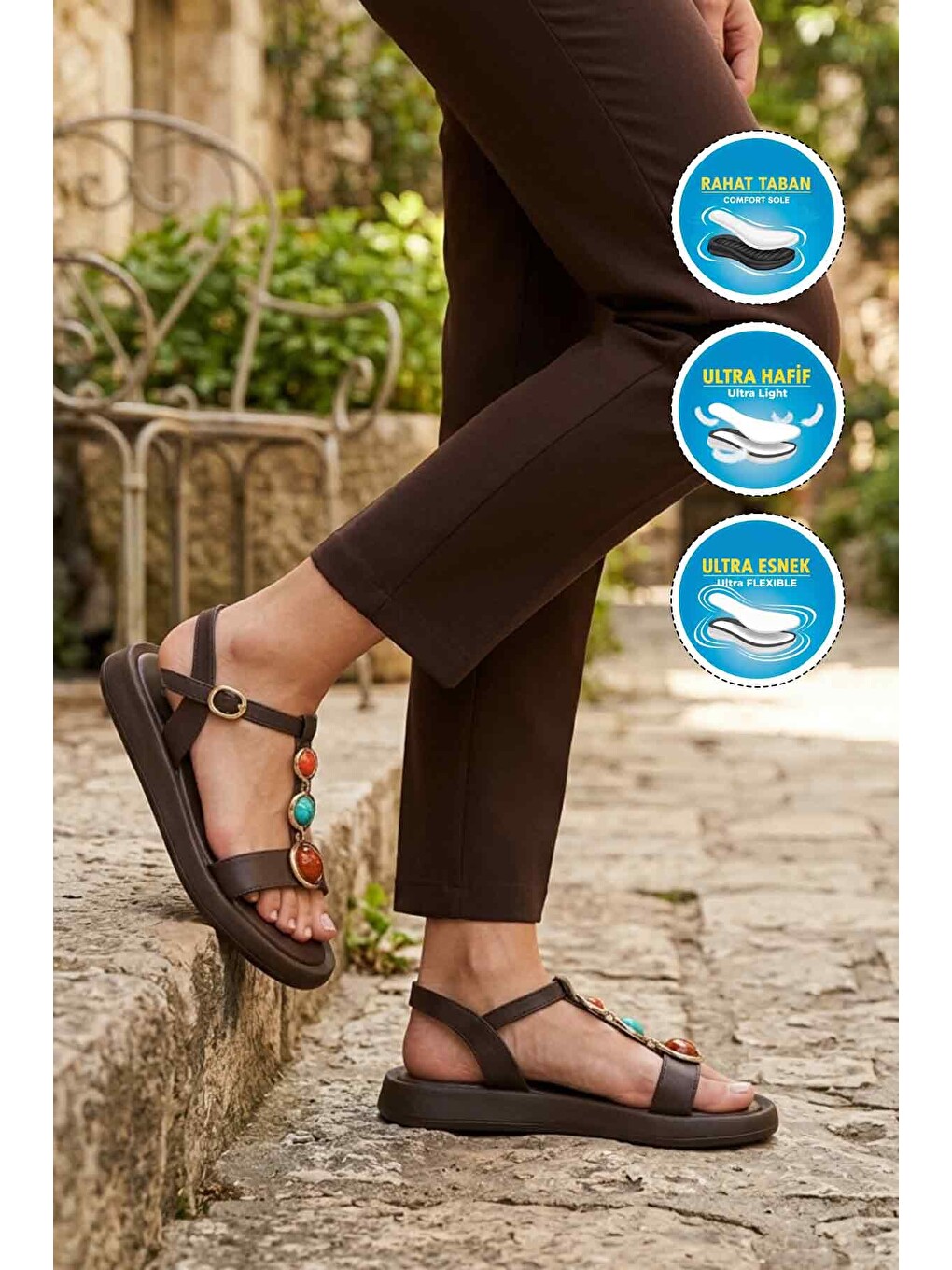 Kahverengi Kahve Hafif Taş Detaylı Kadın Sandalet 513083 Z-2