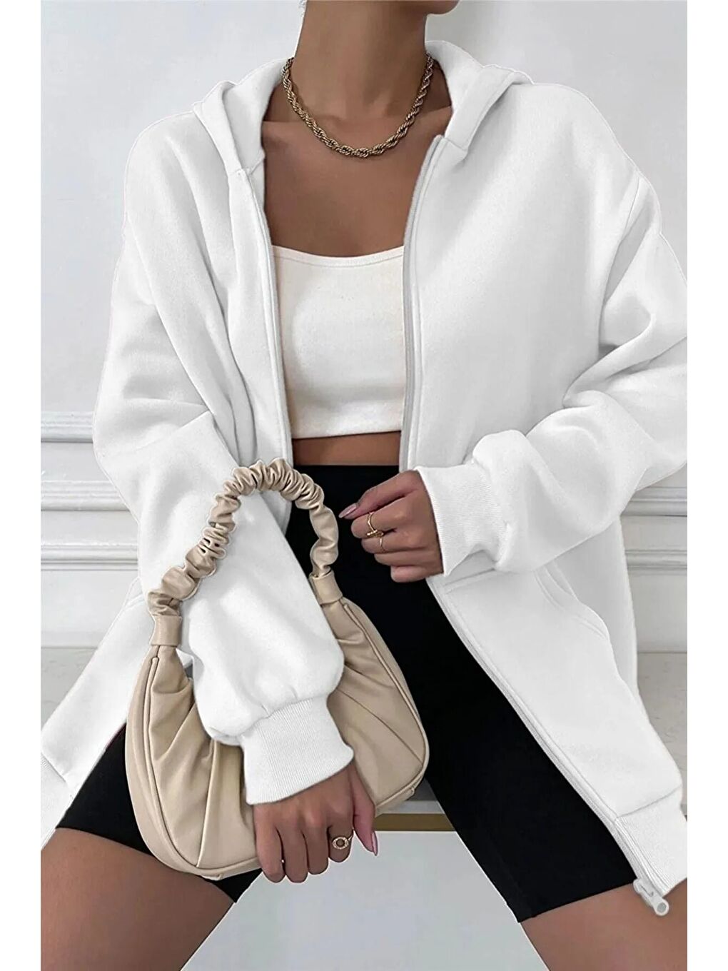 Kadın KarBeyaz Kapüşon Detay Fermuarlı Hırka