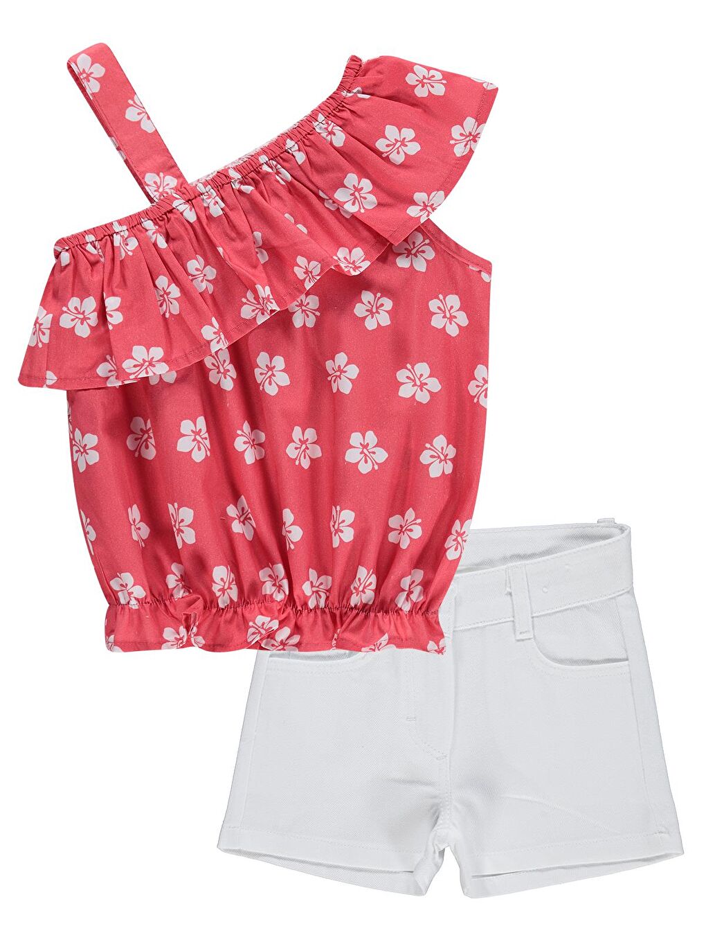Girls Çiçek Desenli Volanlı 2-5 Yaş Takım - Kırmızı-3