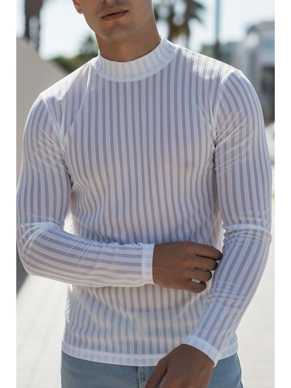 Beyaz Monz Fitilli Slim Fit Elastanlı Yüksek Yaka Erkek Uzun Kol Tshirt