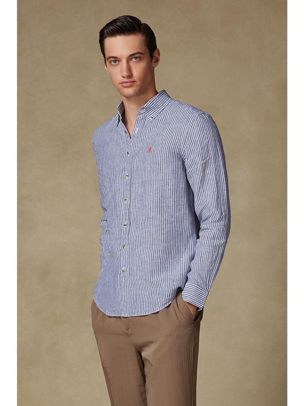 Sorento Keten Keten Comfort Fit Lacivert Düğmeli Yaka Erkek Çizgili Gömlek