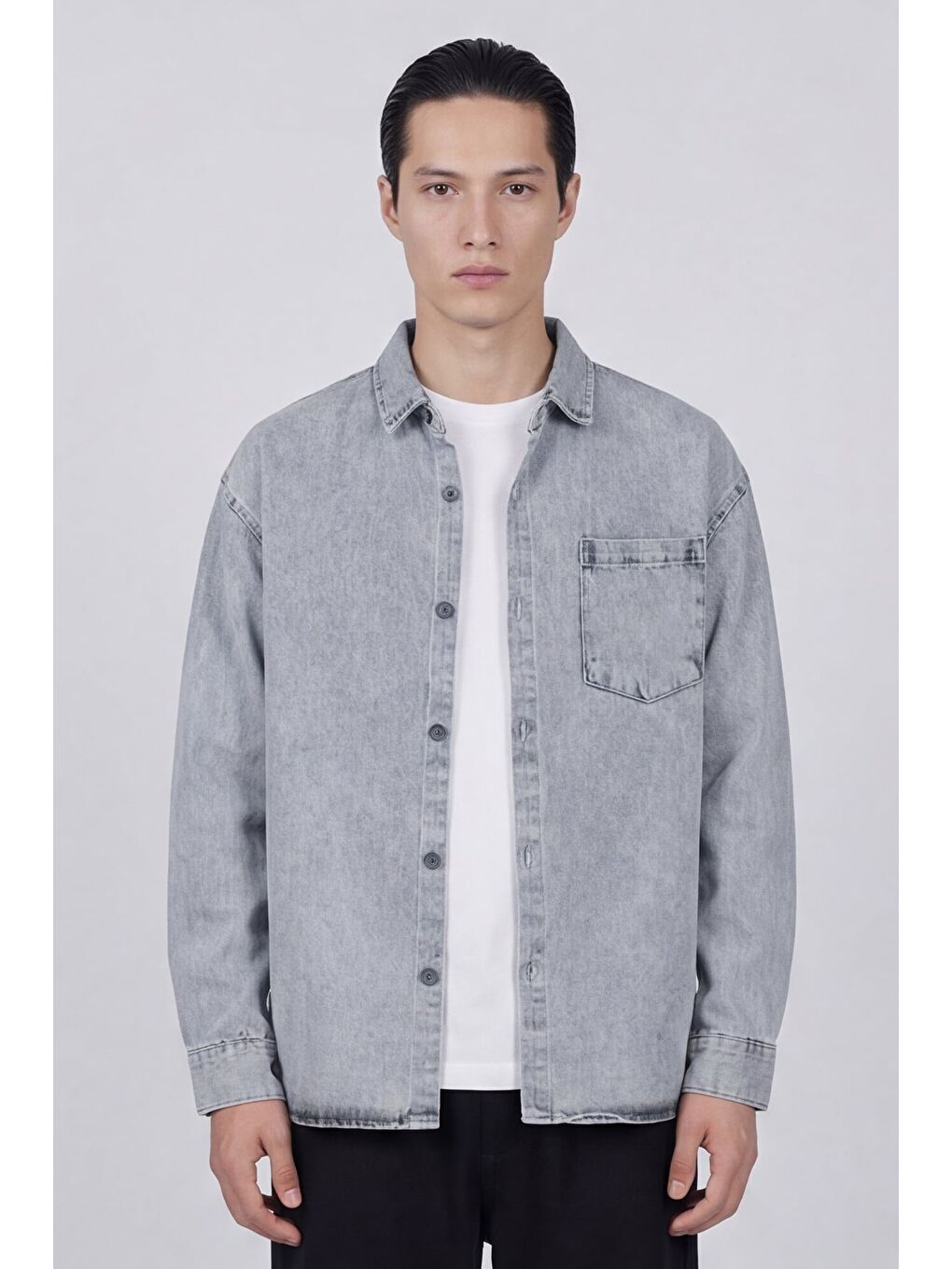 Erkek Açık Gri Normal Kesim Regular Fit Pamuk Torba Cep Uzun Kollu Denim Ceket Gömlek