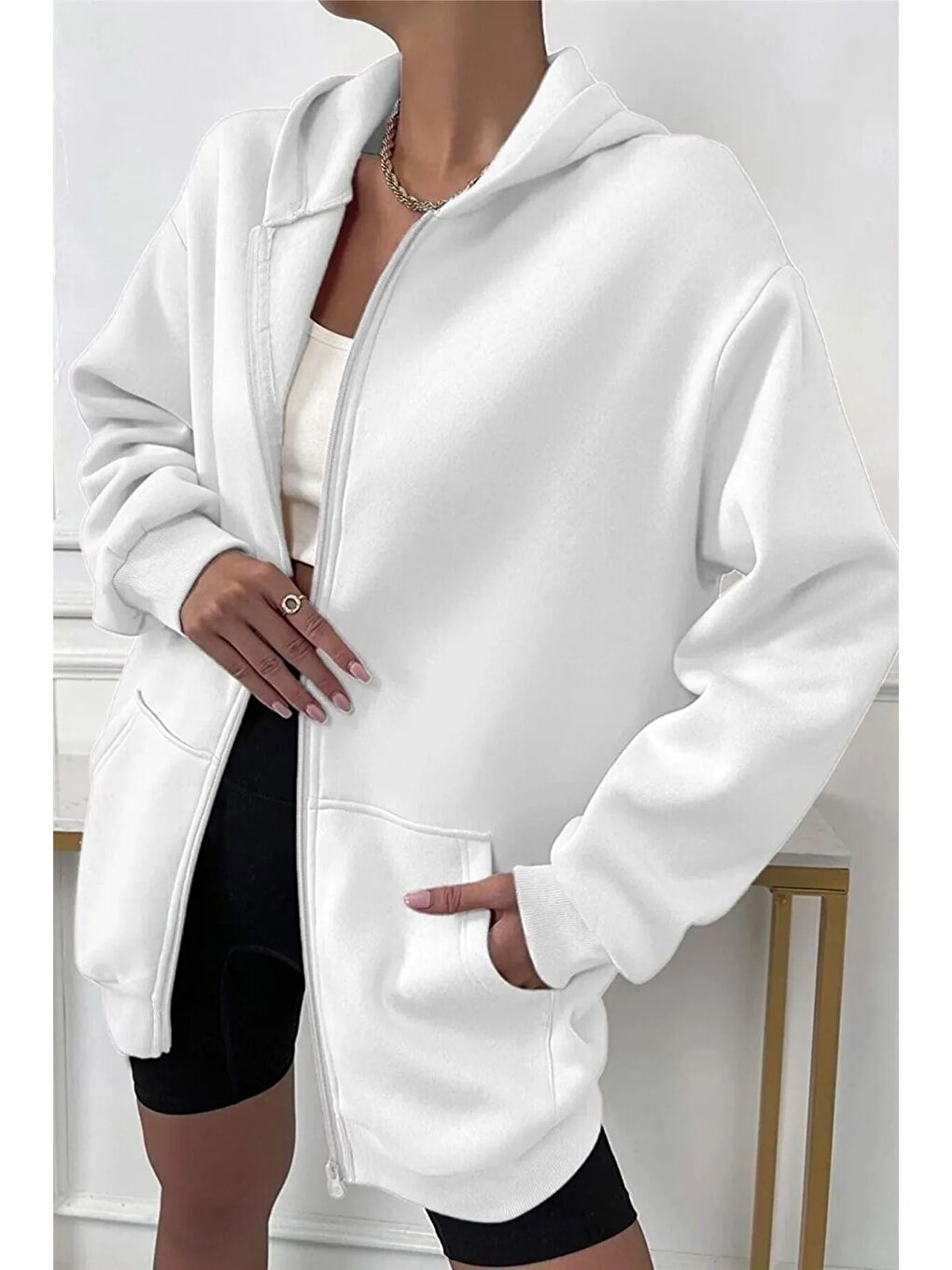 Kadın KarBeyaz Kapüşon Detay Fermuarlı Hırka-1