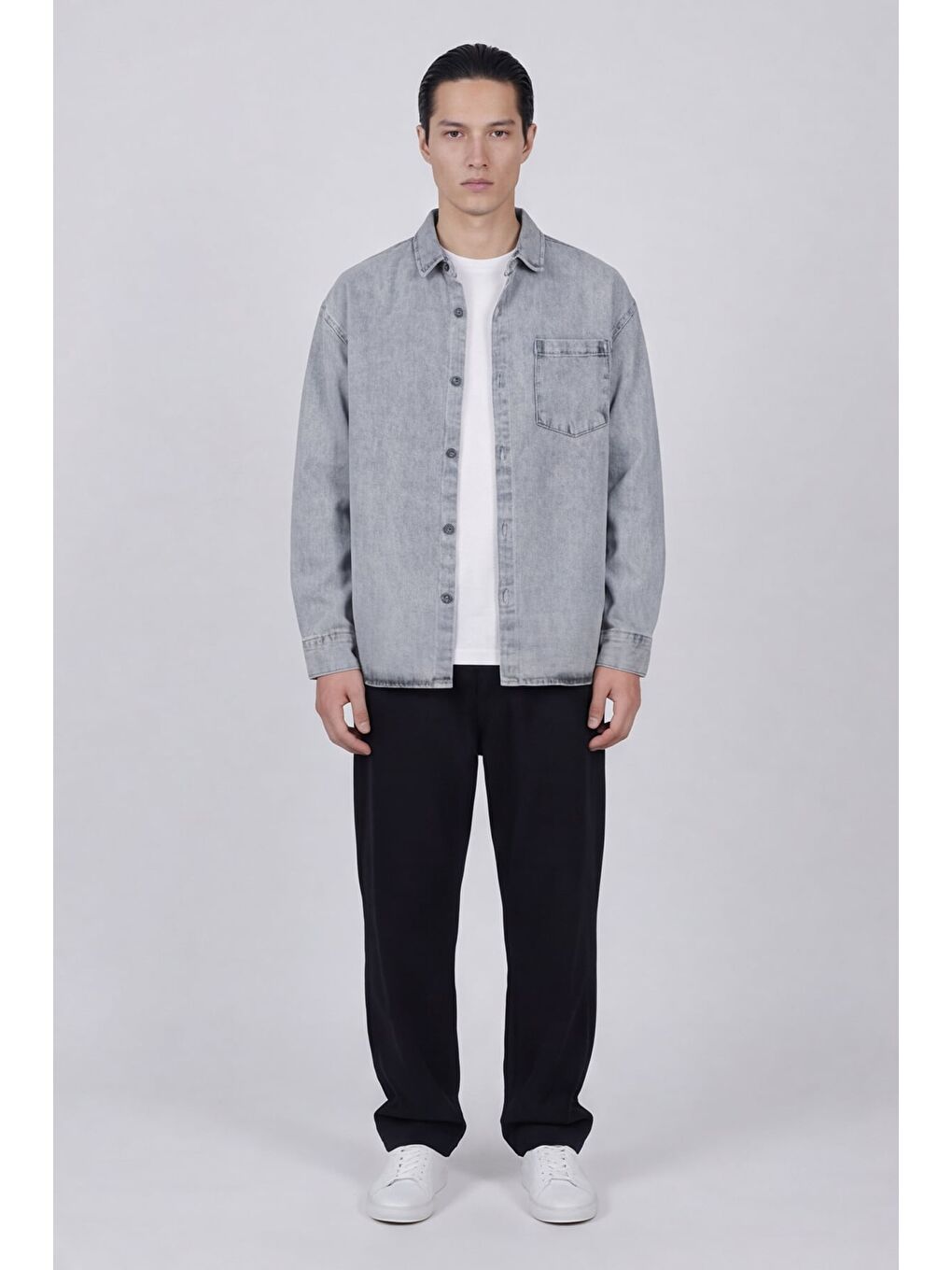 Erkek Açık Gri Normal Kesim Regular Fit Pamuk Torba Cep Uzun Kollu Denim Ceket Gömlek-1