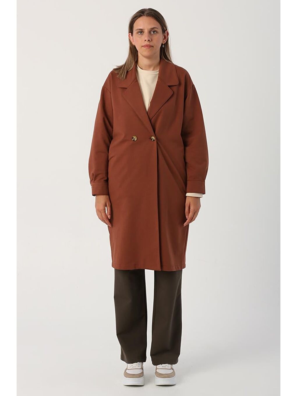 Kahverengi Açık Kahve-Düğmeli Rahat Kalıp Örme Ceket-1