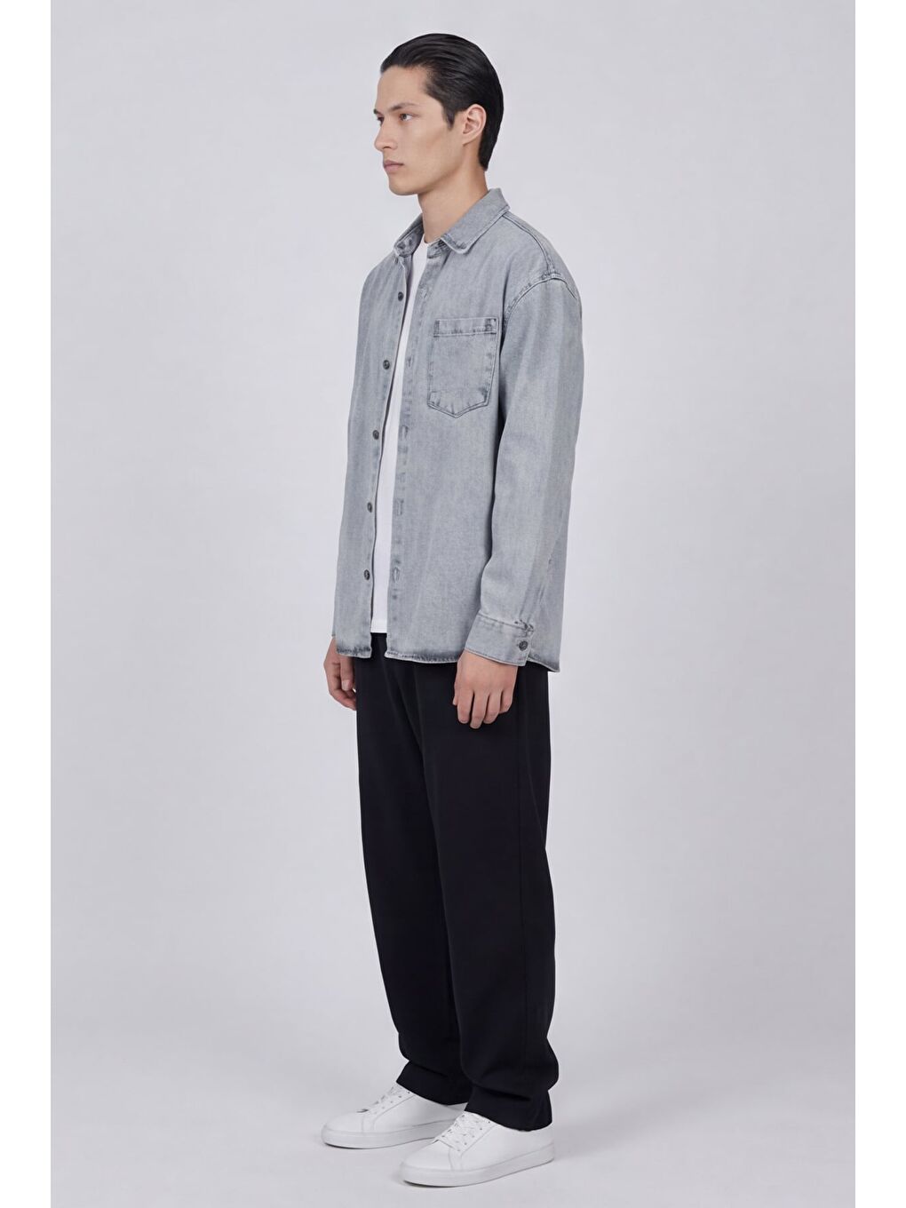 Erkek Açık Gri Normal Kesim Regular Fit Pamuk Torba Cep Uzun Kollu Denim Ceket Gömlek-2