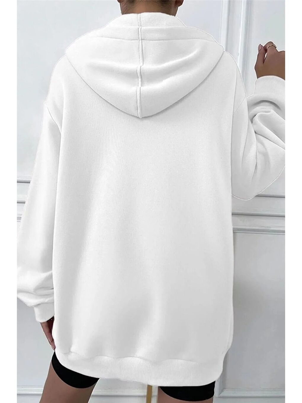 Kadın KarBeyaz Kapüşon Detay Fermuarlı Hırka-2