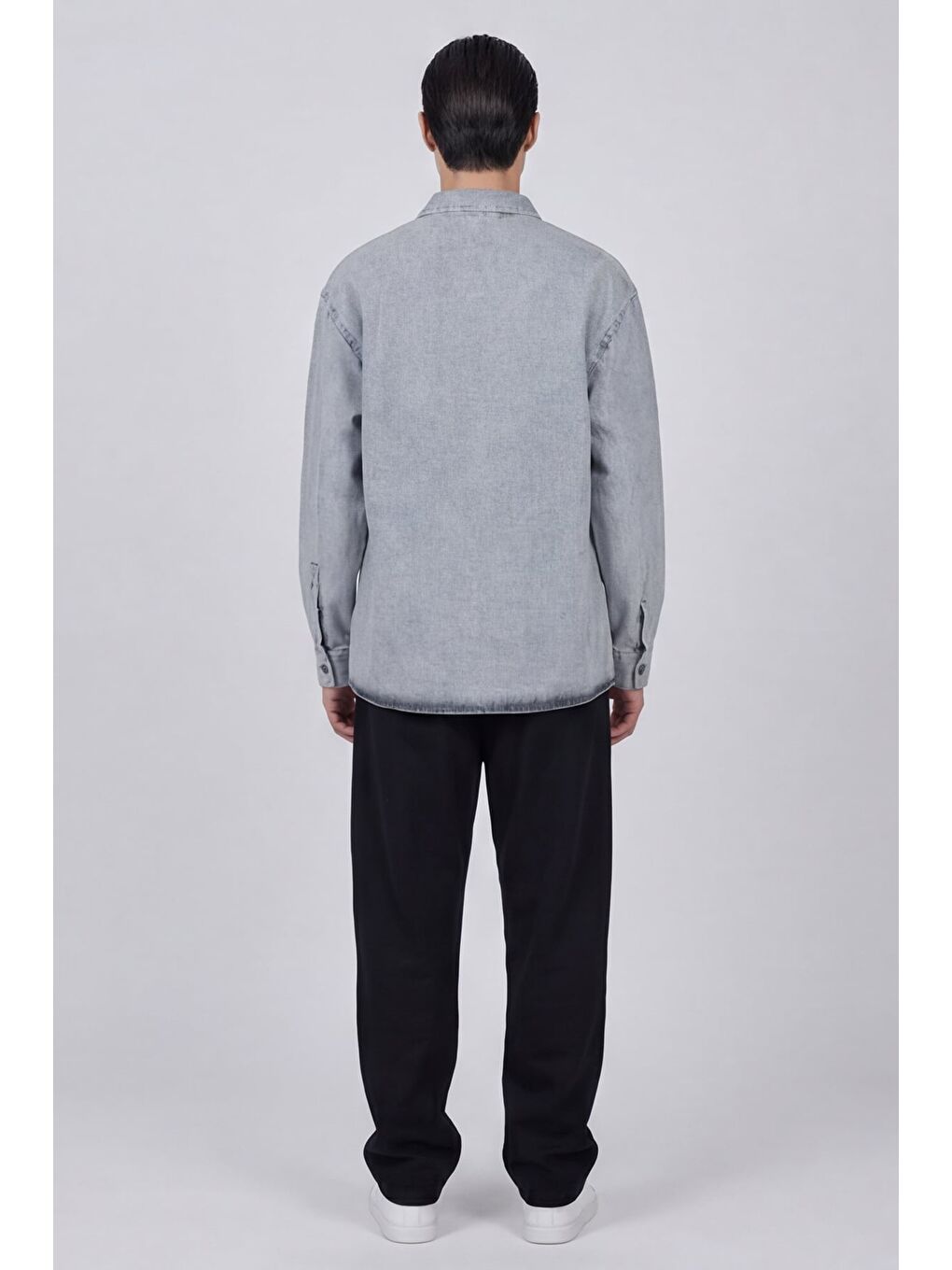 Erkek Açık Gri Normal Kesim Regular Fit Pamuk Torba Cep Uzun Kollu Denim Ceket Gömlek-3
