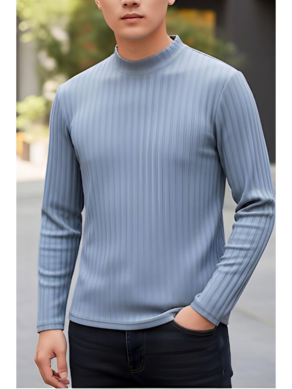 Gri Monz Fitilli Slim Fit Elastanlı Yüksek Yaka Erkek Uzun Kol Tshirt