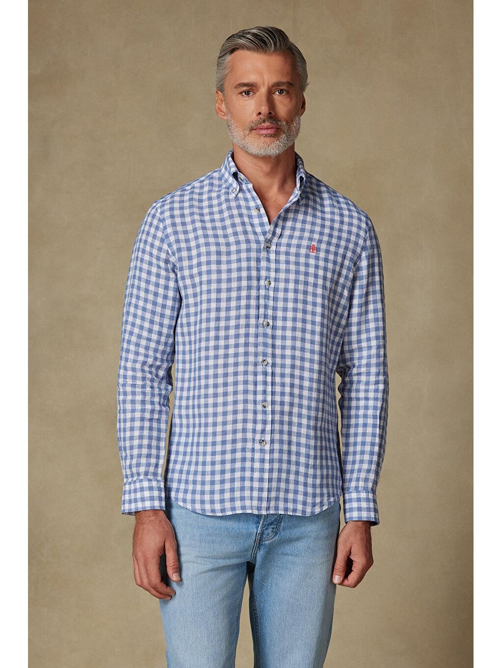 Sorento Keten Keten Comfort Fit Koyu Mavi Düğmeli Yaka Erkek Kareli Gömlek