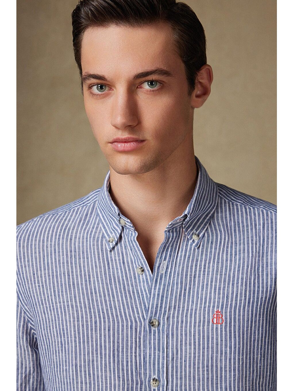 Sorento Keten Keten Comfort Fit Lacivert Düğmeli Yaka Erkek Çizgili Gömlek-2