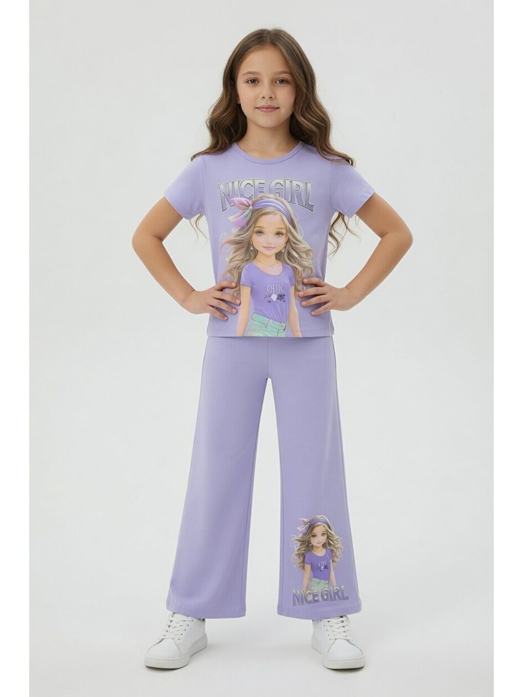 Lila Kız Karakter Baskılı Geniş Paça Pantolonlu 2li Kız Çocuk Takım 23802-1
