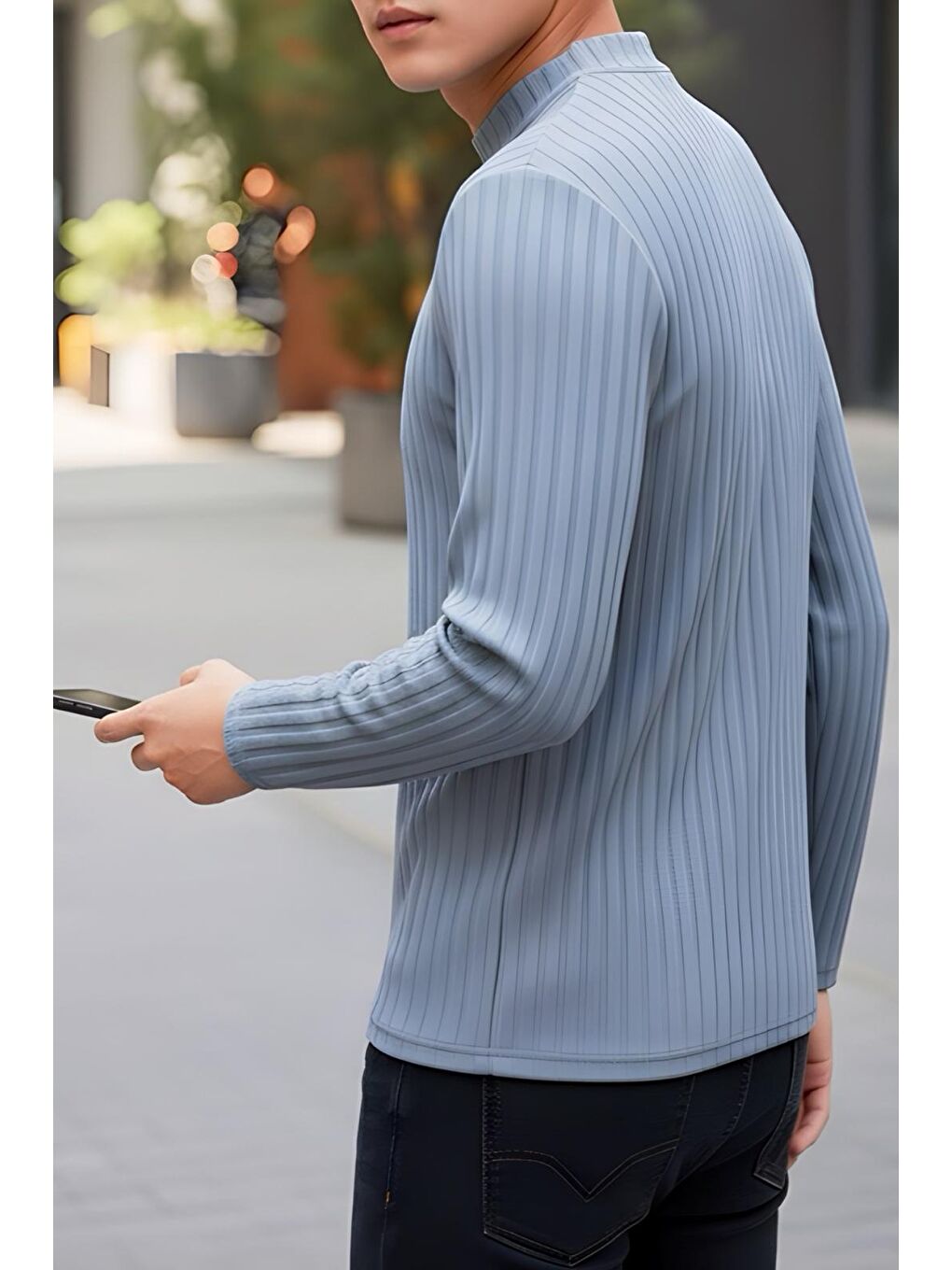 Gri Monz Fitilli Slim Fit Elastanlı Yüksek Yaka Erkek Uzun Kol Tshirt-1