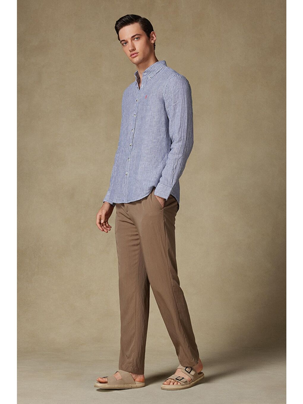 Sorento Keten Keten Comfort Fit Lacivert Düğmeli Yaka Erkek Çizgili Gömlek-3