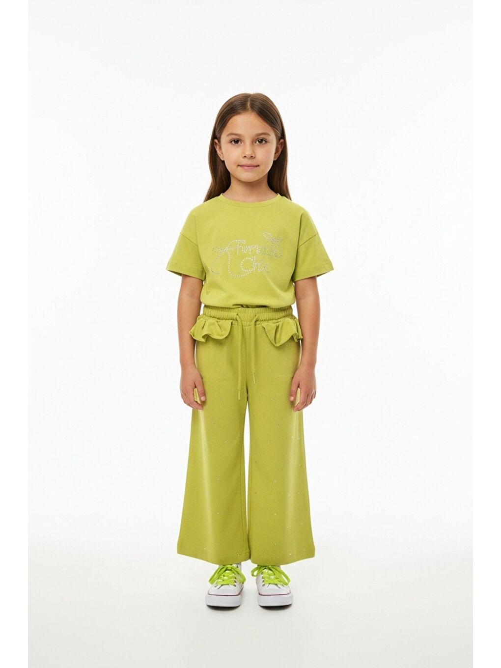 Yeşil Kız Çocuk 2'li Takım Taş İşlemi Bisiklet Yaka Kısa Kollu Tişört & Taş İşlemeli Beli Lastikli Bol Pa