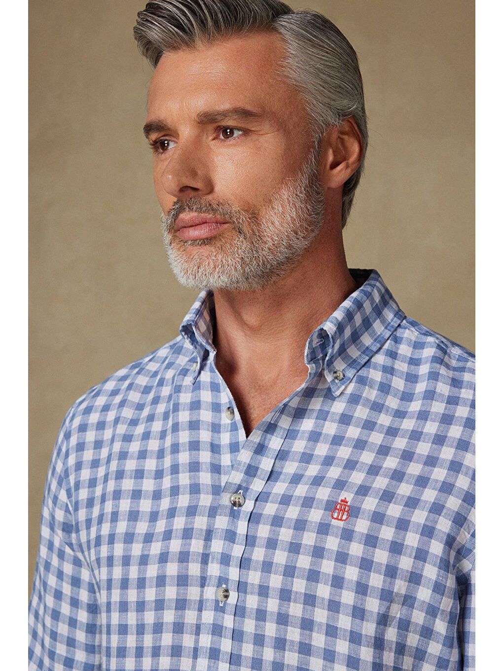 Sorento Keten Keten Comfort Fit Koyu Mavi Düğmeli Yaka Erkek Kareli Gömlek-2