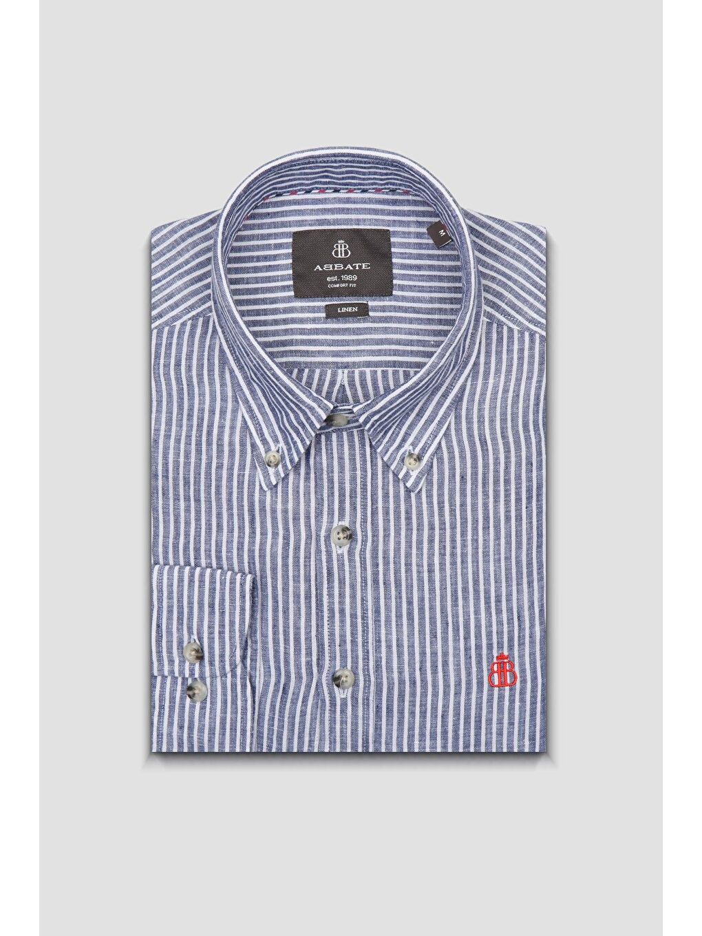 Sorento Keten Keten Comfort Fit Lacivert Düğmeli Yaka Erkek Çizgili Gömlek-4