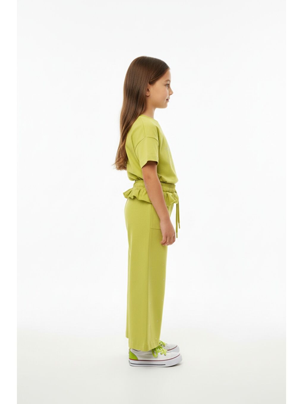 Yeşil Kız Çocuk 2'li Takım Taş İşlemi Bisiklet Yaka Kısa Kollu Tişört & Taş İşlemeli Beli Lastikli Bol Pa-1