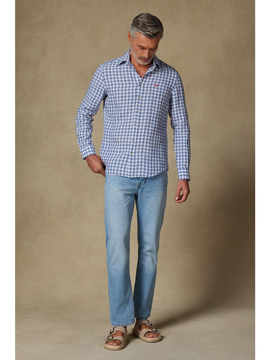 Sorento Keten Keten Comfort Fit Koyu Mavi Düğmeli Yaka Erkek Kareli Gömlek-3