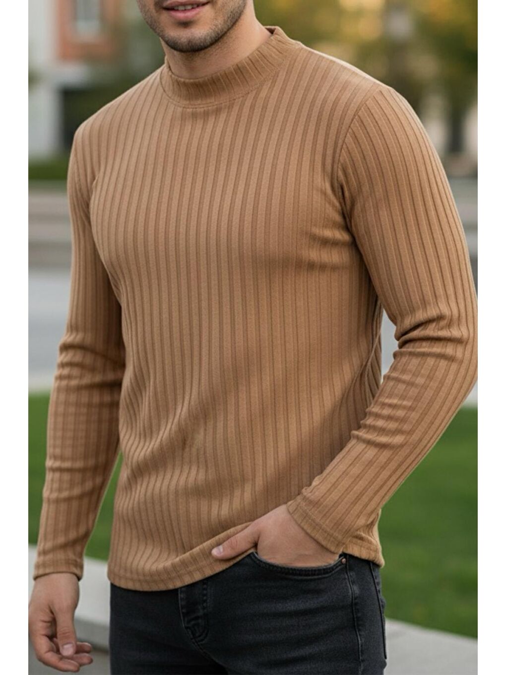 Kahverengi Monz Fitilli Slim Fit Elastanlı Yüksek Yaka Erkek Uzun Kol Tshirt