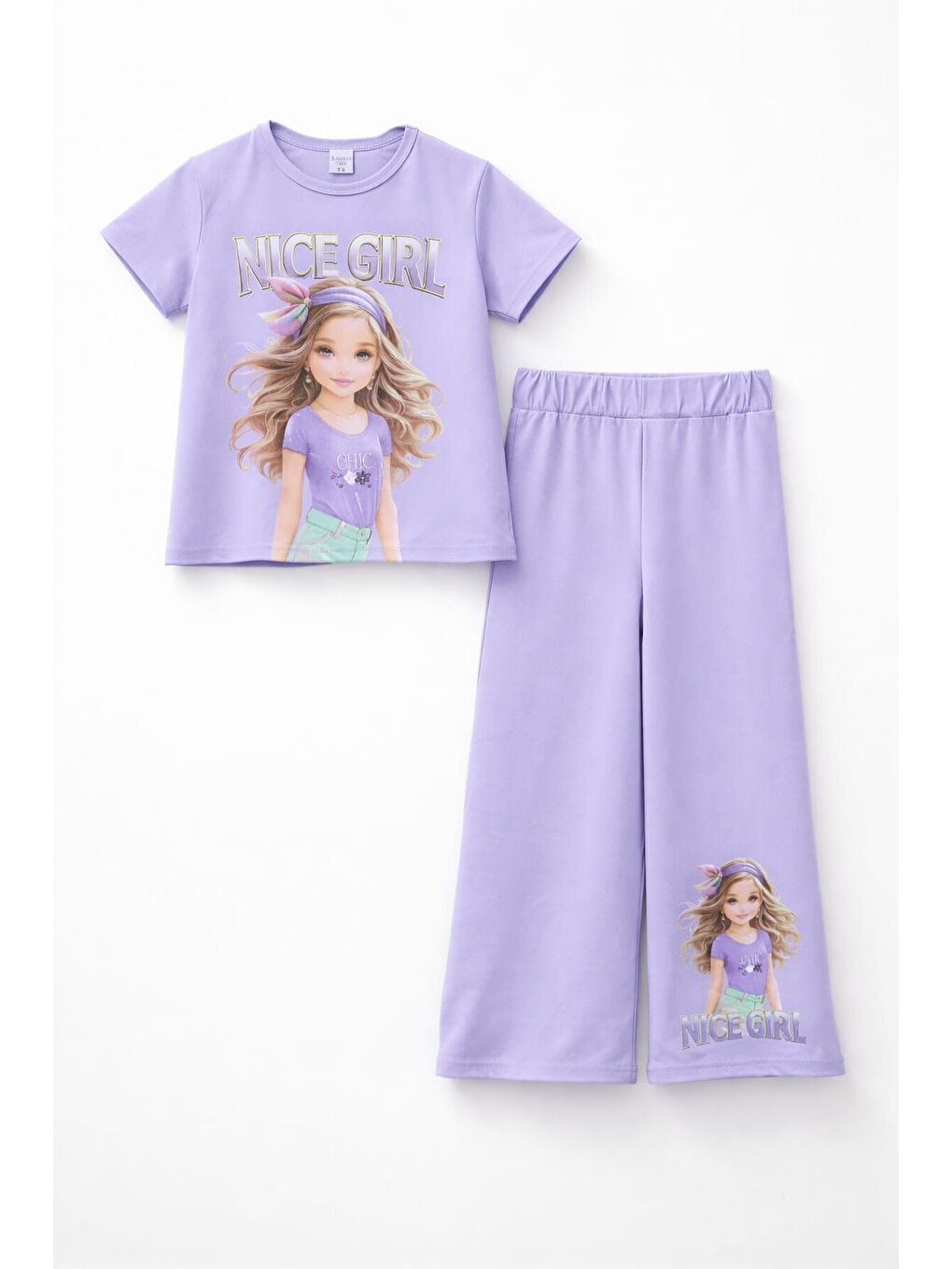 Lila Kız Karakter Baskılı Geniş Paça Pantolonlu 2li Kız Çocuk Takım 23802-4