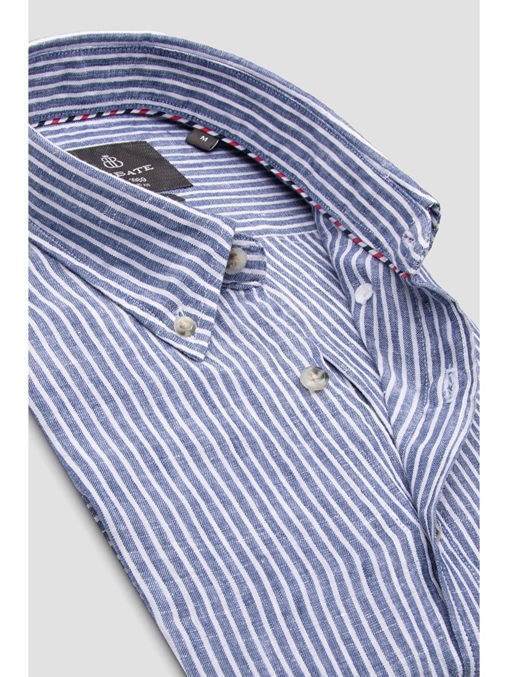 Sorento Keten Keten Comfort Fit Lacivert Düğmeli Yaka Erkek Çizgili Gömlek-5