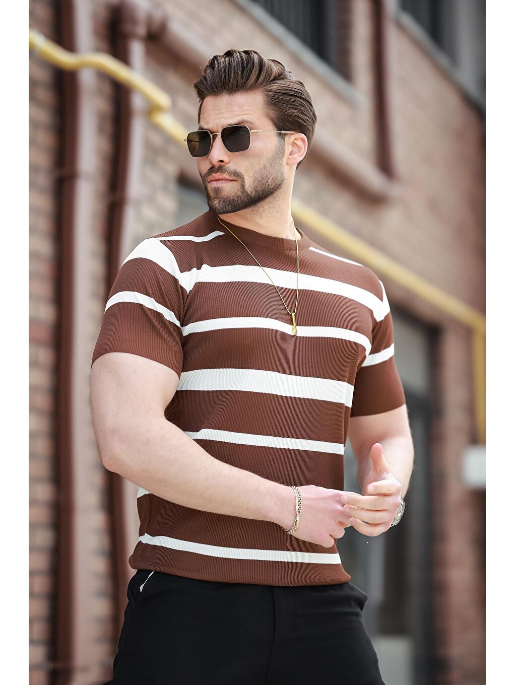 Kahverengi Çizgili Bisiklet Yaka Triko Tişört E7414