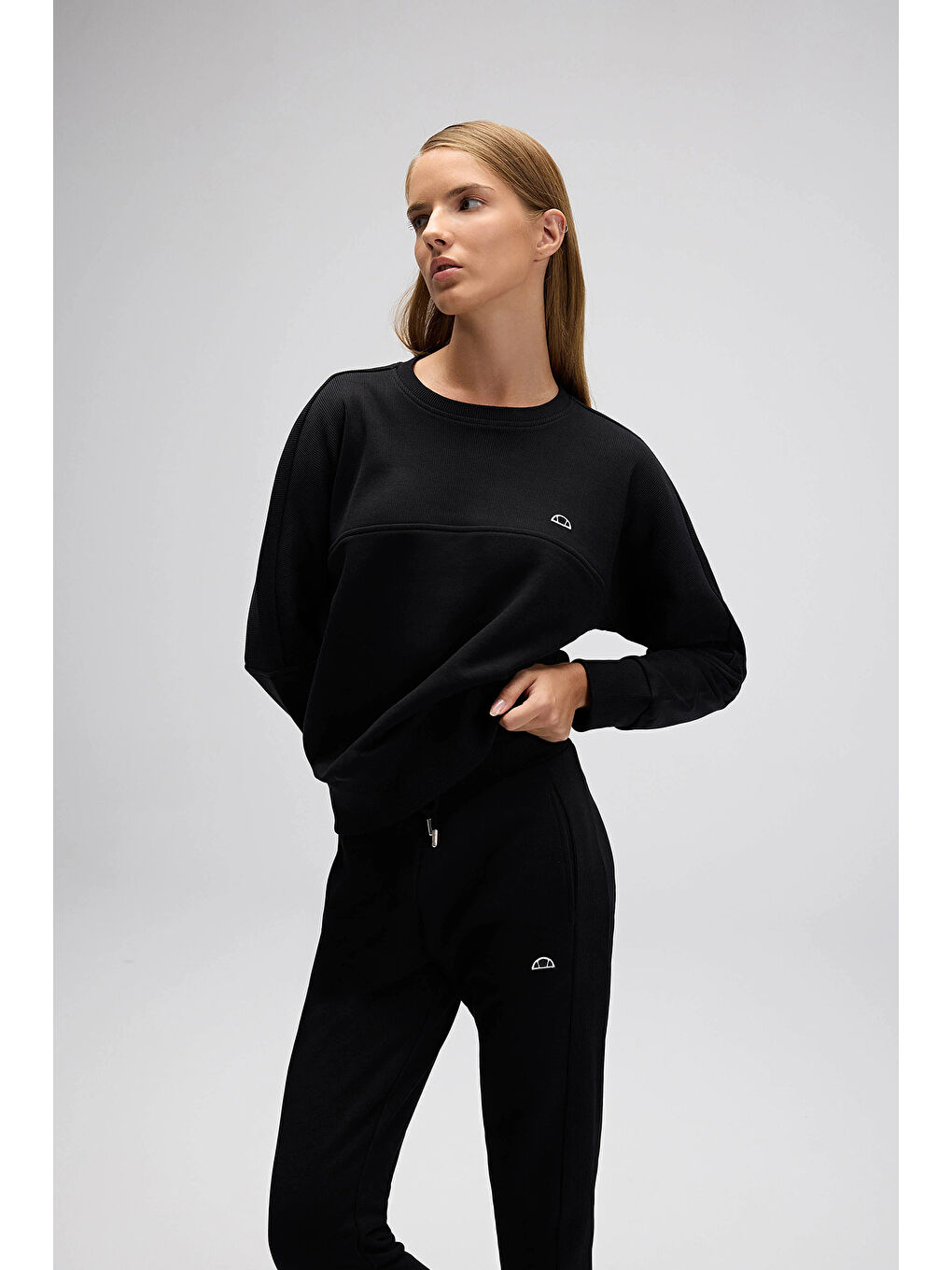 Siyah Logolu Pamuklu Regular Fit Bisiklet Yaka Kadın Sweat EF567-BK-2