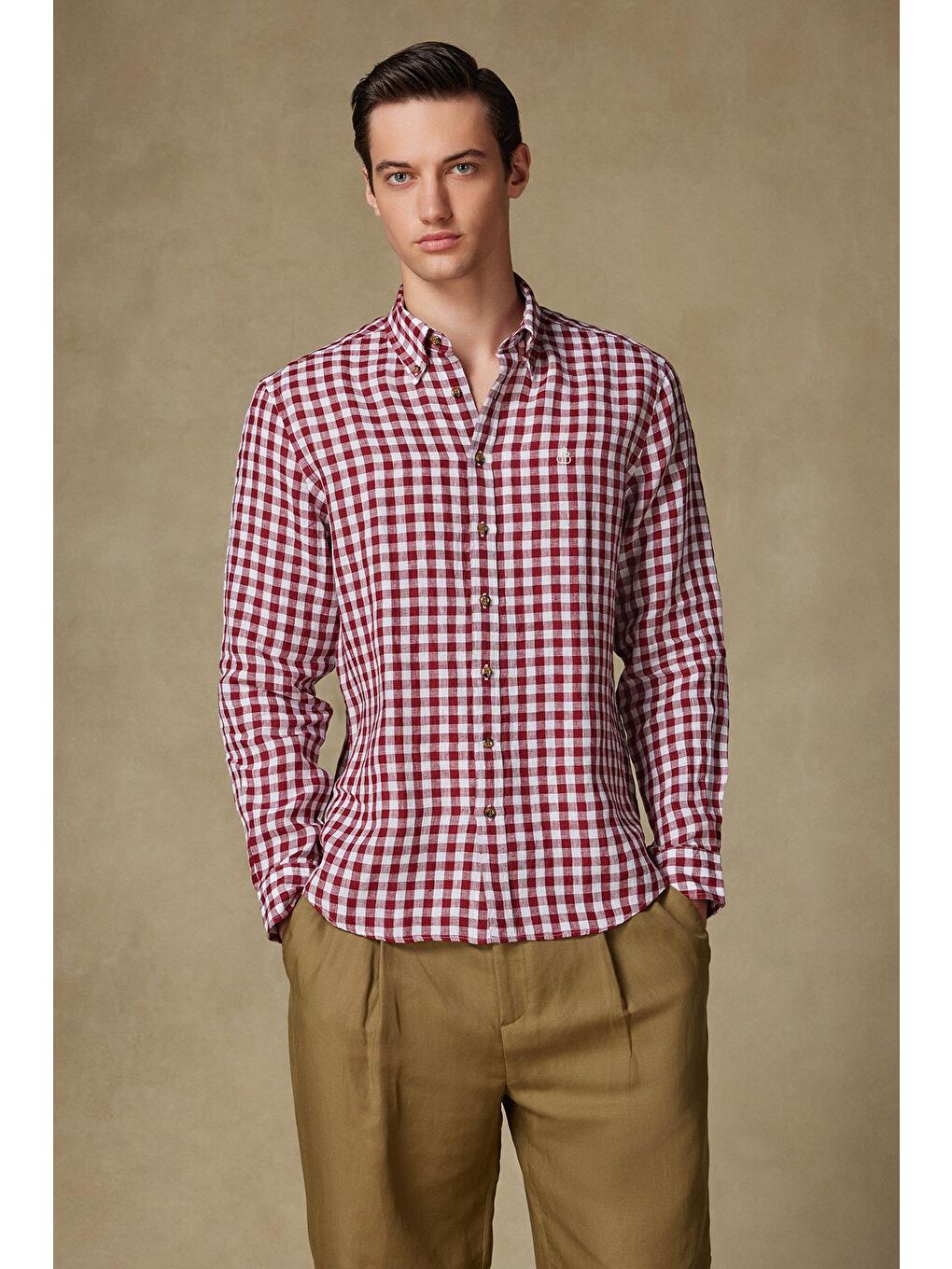 Sorento Keten Keten Comfort Fit Kırmızı Düğmeli Yaka Erkek Kareli Gömlek