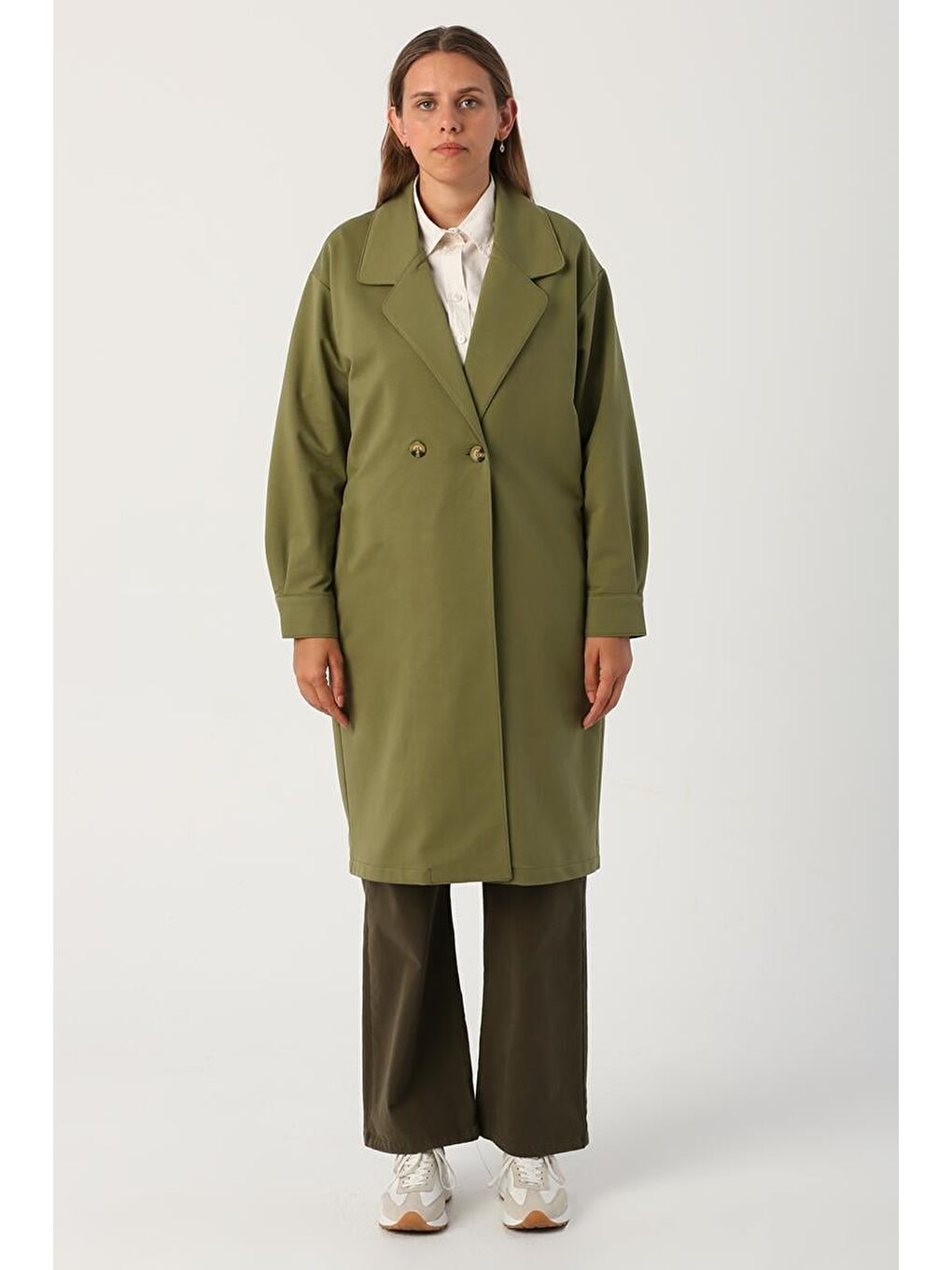 Açık Haki-Düğmeli Rahat Kalıp Örme Ceket-1