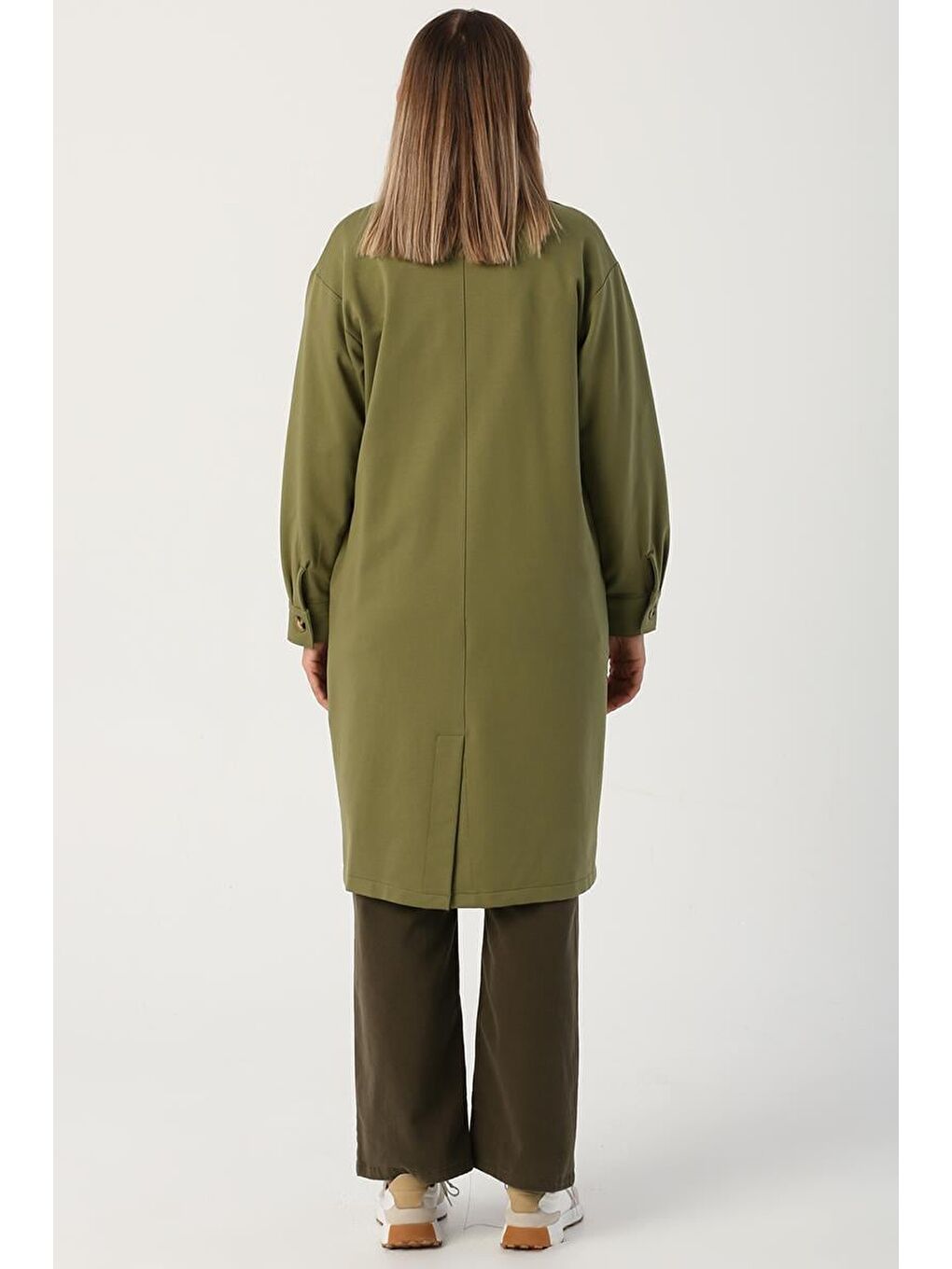Açık Haki-Düğmeli Rahat Kalıp Örme Ceket-3