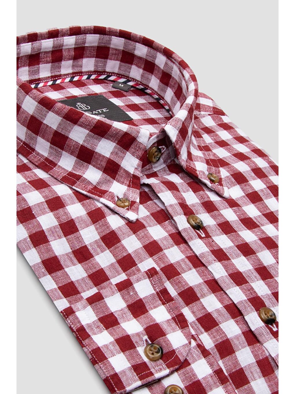Sorento Keten Keten Comfort Fit Kırmızı Düğmeli Yaka Erkek Kareli Gömlek-1