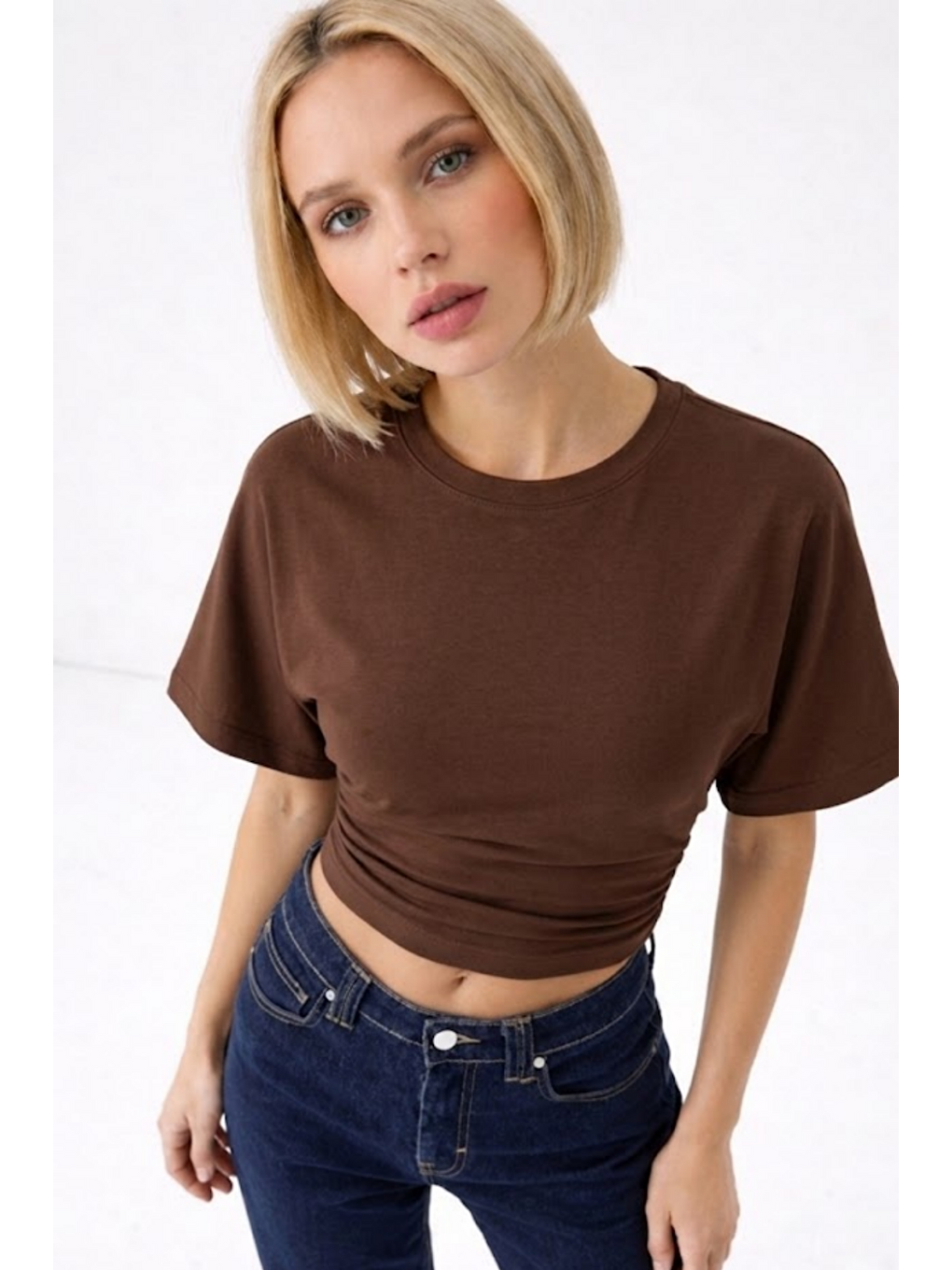 Kahverengi Kadın Fashion Slim Fit Kahve Crop Tişört