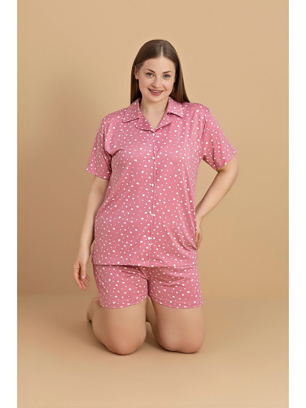 Pembe Büyük Beden Yıldız Baskılı Gömlek Yaka Şortlu Pijama Takımı-1