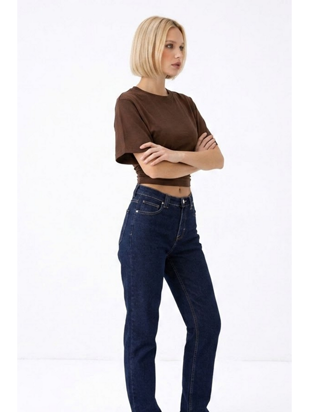Kahverengi Kadın Fashion Slim Fit Kahve Crop Tişört-1
