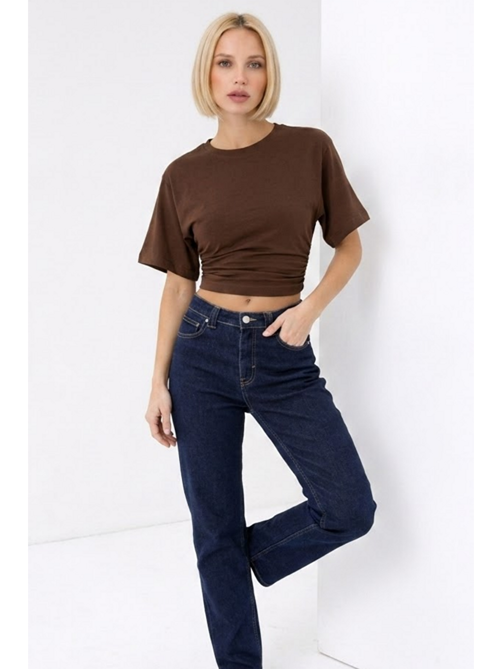 Kahverengi Kadın Fashion Slim Fit Kahve Crop Tişört-2