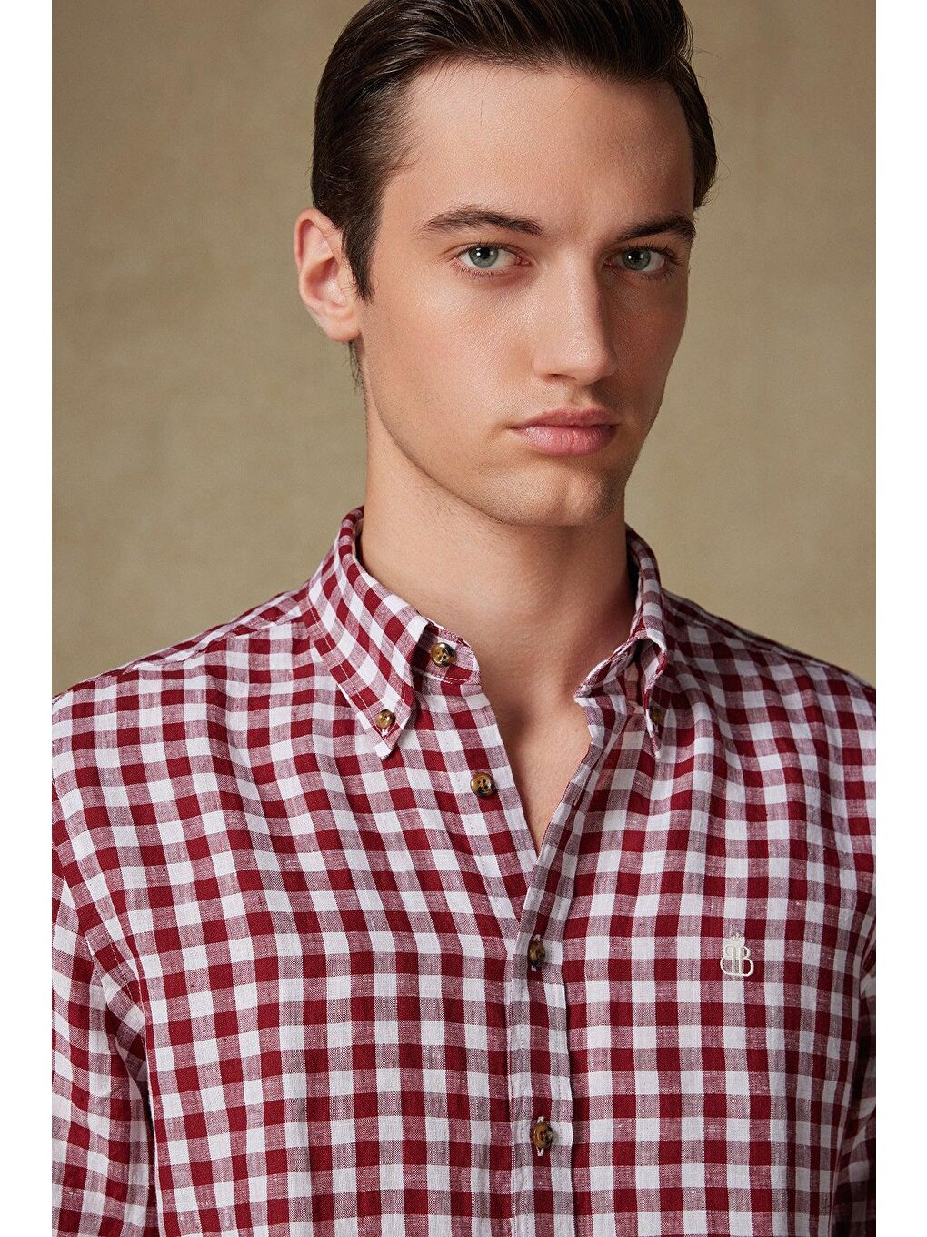 Sorento Keten Keten Comfort Fit Kırmızı Düğmeli Yaka Erkek Kareli Gömlek-2