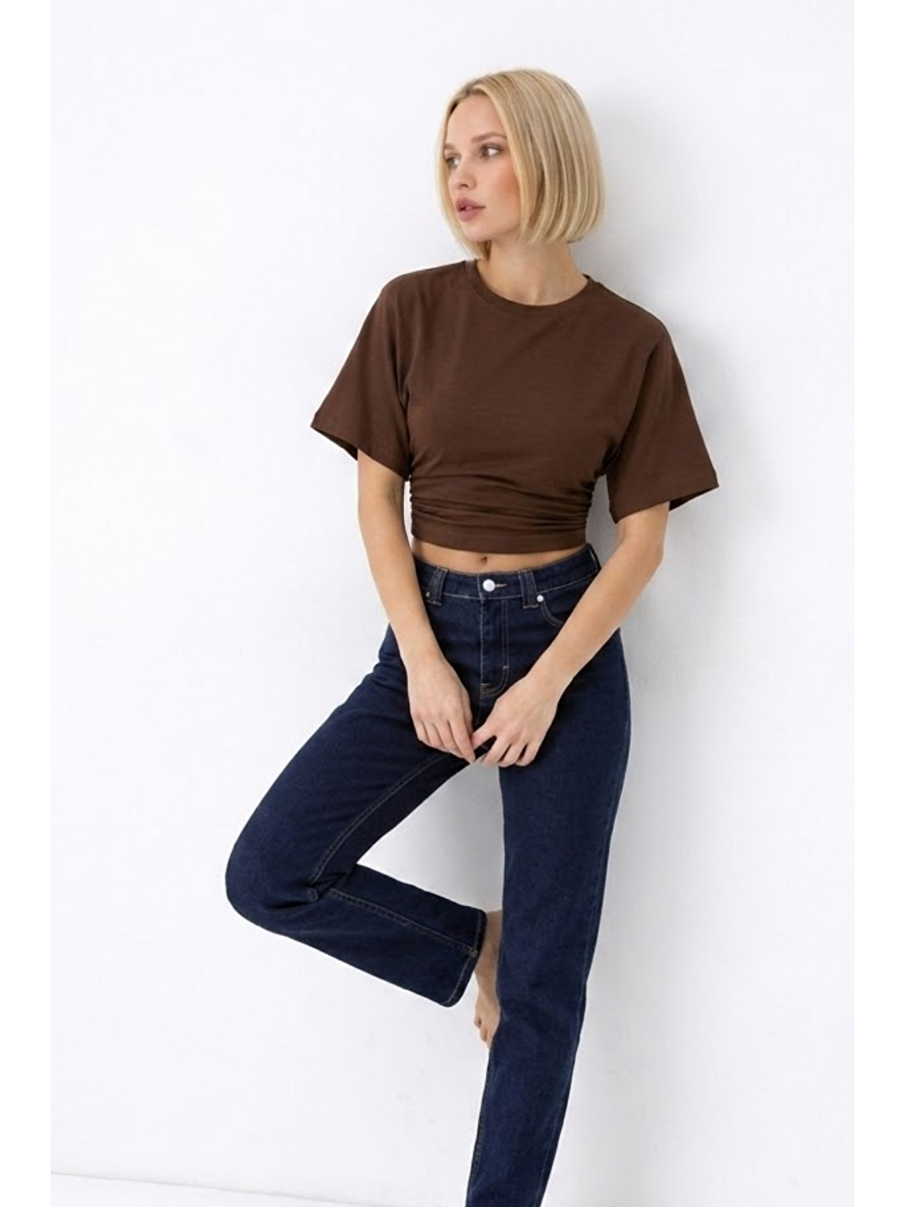 Kahverengi Kadın Fashion Slim Fit Kahve Crop Tişört-3